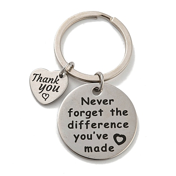Teacher's Day Gift 201 Stainless Steel Word Thank You Keychains, with Iron Key Rings, Heart, 6cm, flat round: 30x1.5mm