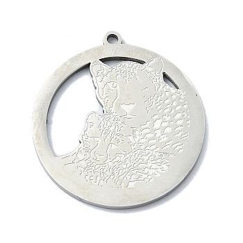 201 Stainless Steel Pendants, Laser Cut, Flat Round with Leopard Charm, Stainless Steel Color, 27x25x1mm, Hole: 1.5mm