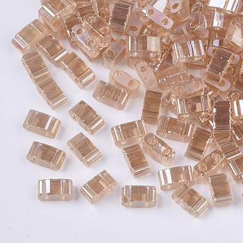 2-Hole Glass Seed Beads, Transparent Colours Luster, Rectangle, Dark Salmon, 4.5~5.5x2x2~2.5mm, Hole: 0.5~0.8mm
