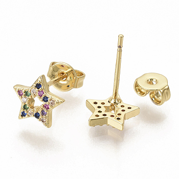 Brass Micro Pave Colorful Cubic Zirconia Stud Earrings, with Earring Backs, Star, Real 16K Gold Plated, 8x8mm, Pin: 0.7mm
