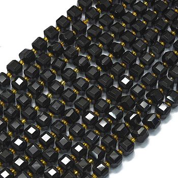 Natural Black Onyx(Dyed & Heated) Beads Strands, with Seed Beads, Faceted Table Cut Cube, 8x8x8mm, Hole: 0.6mm, about 38pcs/strand, 15.35''(39cm)