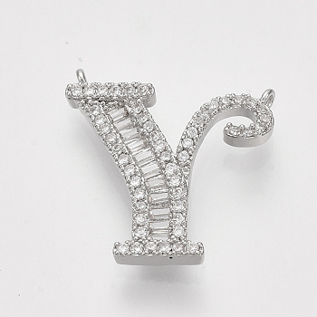 Real Platinum Plated Brass Pendants, with Clear Cubic Zirconia, Letter, Nickel Free, Letter.Y, 17.5x17.5x2.5mm, Hole: 0.8mm
