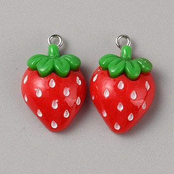 Opaque Resin Fruit Pendants, Strawberry Charms with Platinum Tone Iron Loops, Red, 24.8x16x8mm, Hole: 2mm