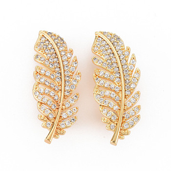 Brass Micro Pave Clear Cubic Zirconia Twister Clasps, Nickel Free, Leaf, Real 18K Gold Plated, 32x12.5x9mm, Hole: 1.2mm