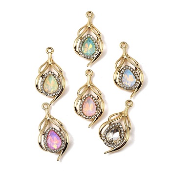UV Plating Alloy Glass Pendants, Teardrop Charm, with Rhinestone, Faceted, Mixed Color, Golden, 32x15.5x4mm, Hole: 1.8mm