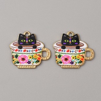 Alloy Enamel Pendants, Golden, Cartoon Tea Cup with Cat Charm, Colorful, 20x22.5x1.5mm, Hole: 1.6mm