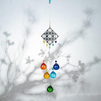 Crystals Chandelier Suncatchers Prisms Chakra Hanging Pendant, with Iron Cable Chains & Links, Glass Beads and Rhinestone, Rhombus, Platinum, 442mm