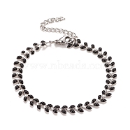 Enamel Wheat Link Chains Bracelet, 304 Stainless Steel Jewelry for Women, Stainless Steel Color, Black, 6-7/8 inch(17.5cm)(BJEW-P271-02P-01)