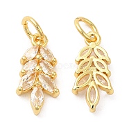 Rack Plating Brass Pave Cubic Zirconia Pendants, Leaf Charms with Jump Ring, Long-Lasting Plated, Lead Free & Cadmium Free, Real 18K Gold Plated, 16x8x3mm, Hole: 4mm(KK-Z026-02G)