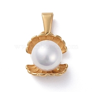 304 Stainless Steel Pendants, with Shell Pearl, Clamshell Shape, Golden, 17x14x12mm, Hole: 8x3mm(X-STAS-I127-083G)