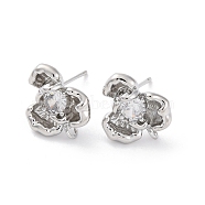 Brass Micro Pave Clear Cubic Zirconia Stud Earrings Finding, Flower, Platinum, 12x10.5mm, Hole: 1.2mm, Pin: 11x1mm(KK-Z084-14P)