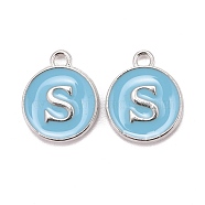 Platinum Plated Alloy Enamel Charms, Cadmium Free & Lead Free, Enamelled Sequins, Flat Round with Letter, Letter.S, 14x12x2mm, Hole: 1.5mm(ENAM-S118-04S-P)