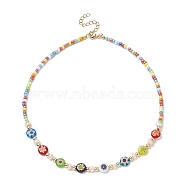 Natural Pearl & Millefiori Glass Flower & Seed Beaded Necklace for Women, Colorful, 14.49 inch(36.8cm)(NJEW-JN04299)