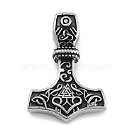 Viking 304 Stainless Steel Pendants, Mjolnir Thor Hammer with Valknut Charm, Antique Silver, 42.5x29.5x9.5mm, Hole: 4.5mm(STAS-N105-04E-AS)