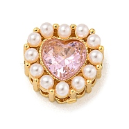 Brass Micro Pave Cubic Zirconia Beads, with ABS Imitation Pearl, Heart, Pink, 11x11.5x5.5mm, Hole: 1.4mm(KK-Z072-14G-02)