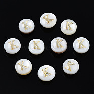 Natural Freshwater Shell Beads, with Golden Plated Brass Etched Metal Embellishments, Flat Round with Letter, Seashell Color, Letter.K, 6x4mm, Hole: 0.8mm(SHEL-S278-036K)