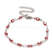 Enamel Horse Eye Link Chains Bracelet, 304 Stainless Steel Jewelry for Women, Stainless Steel Color, Red, 6-3/4 inch(17.1cm)(BJEW-P271-05P-02)