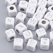 Plated Acrylic Beads, Metal Enlaced, Horizontal Hole, Cube with Letter, Silver Plated, 4.5x4.5x4.5mm, Hole: 3mm, about 500pcs/50g(X-SACR-N002-06B)
