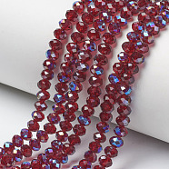 Electroplate Glass Beads Strands, Half Plated, Blue Plated, Faceted, Rondelle, Dark Red, 6x5mm, Hole: 1mm, about 85~88pcs/strand, 16.1~16.5 inch(41~42cm)(EGLA-A034-T6mm-I13)