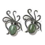 Natural Green Aventurine Octopus Brooch, Alloy Pave Jet Rhinestone Sea Animal Pins, Antique Silver, 52.5~53x36.5x8~9mm, Hole: 7x4mm(G-Z050-01A)