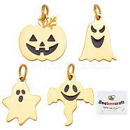 8Pcs 4 Style 316 Surgical Stainless Steel Enamel Charms, with Jump Rings, for Halloween, Ghost & Pumpkin Jack-O'-Lantern, Real 14K Gold Plated, Black, 10~11.5x8~10x1mm, Hole: 2.4~2.6mm, 2pc/style(STAS-BBC0001-17)