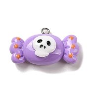 Opaque Resin Pendants, Halloween Charms with Platinum Tone Alloy Loops, Medium Purple, Candy Skull, 17x30.5x11mm, Hole: 1.5mm(RESI-K020-03E)