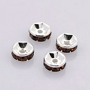 Brass Rhinestone Spacer Beads, Grade A, Straight Flange, Silver Color Plated, Rondelle, Coffee, 6x3mm, Hole: 1mm(RB-A014-Z6mm-15S)