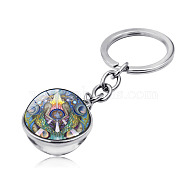 Yoga Mandala Pattern Double-Sided Glass Half Round/Dome Pendant Keychain, with Alloy Findings, for Car Bag Pendant Accessories, Lime Green, 7.9cm(WG35126-03)