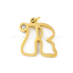 304 Stainless Steel Pendants, with Cubic Zirconia, Letter Charms with Jump Rings, Real 18K Gold Plated, Letter R, 19.5x19x2mm, Hole: 3mm(STAS-R137-01G-R)