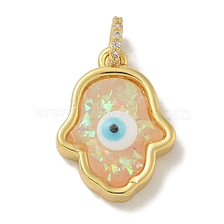 Rack Plating Brass Pendants, with Resin Imitation Opal & Glitter, Long-Lasting Plated, Lead Free & Cadmium Free,Hamsa Hand with Evil Eye, Moccasin, 19.5x14.5x5mm, Hole: 3mm(KK-Q009-05G-05)