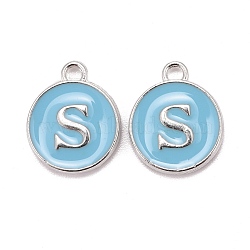 Platinum Plated Alloy Enamel Charms, Cadmium Free & Lead Free, Enamelled Sequins, Flat Round with Letter, Letter.S, 14x12x2mm, Hole: 1.5mm(ENAM-S118-04S-P)