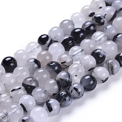 Natural Tourmalinated Quartz/Black Rutilated Quartz Beads Strands, Round, 6~6.5mm, Hole: 0.7mm, about 63pcs/strand, 15.16 inch(38.5cm)(G-E558-04-6mm)