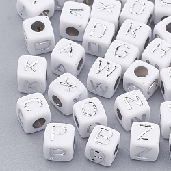 Plated Acrylic Beads, Metal Enlaced, Horizontal Hole, Cube with Letter, Silver Plated, 4.5x4.5x4.5mm, Hole: 3mm, about 500pcs/50g(X-SACR-N002-06B)