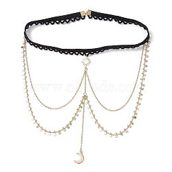 201 Stainless Steel & Brass Layered Star Sun Moon Tassel Thigh Leg Chains, Black Elastic Stretch Body Jewelry for Women, Golden, 360mm(AJEW-AN00657)