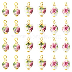 15Pcs 3 Styles Printed Handmade Porcelain Pendants, with Iron Findings, White, 19~20mm, Hole: 2~3mm, 5pcs/style(PALLOY-YW00194)