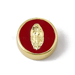 Real 18K Gold Plated Brass Enamel Beads, Long-Lasting Plated, Religion, Cadmium Free & Lead Free, Flat Round with Virgin Mary, FireBrick, 11x4.5mm, Hole: 1.8mm(KK-A170-02G-01)