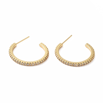 Cubic Zirconia C-shape Stud Earrings, Real 18K Gold Plated Brass Half Hoop Earrings for Women, Lead Free & Cadmium Free, Clear, 24x2mm, Pin: 0.7mm