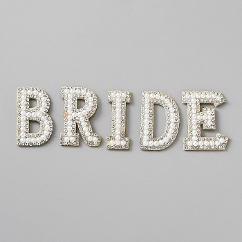 Word BRIDE Iron on Appliques, with ABS Plastic Imitation Pearl Beads & Non-woven Felt Fabric, Costume Accessories, Sewing Craft Decoration, Crystal, 35x13~25x4mm, 5pcs/set