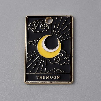 Halloween Alloy Enamel Pendants, Rectangle with Tarot Pattern, Light Gold, Moon, 28x19x1.3mm, Hole: 2mm