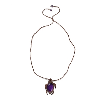 Natural Amethyst Tortoise Pendant Necklace, Adjustable Braided Wax String Choker Necklace, 29.53 inch(75cm)