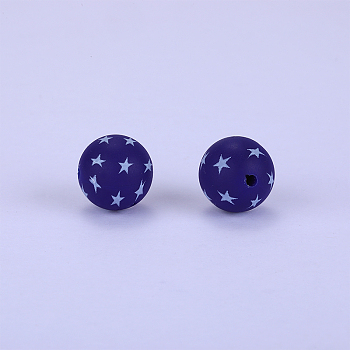 Printed Round with Star Pattern Silicone Focal Beads, Dark Slate Blue, 15x15mm, Hole: 2mm