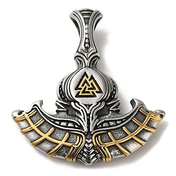 Viking 304 Stainless Steel Big Pendants, Thor's Axe with Valknut Charm, Antique Silver & Golden, 50x46x11.5mm, Hole: 11.5x6mm