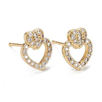 Heart Sparkling Cubic Zirconia Stud Earrings for Girl Women, Lead Free & Nickel Free & Cadmium Free, Brass Micro Pave Cubic Zirconia Earrings, Real 18K Gold Plated, 11x9mm, Pin: 0.7mm