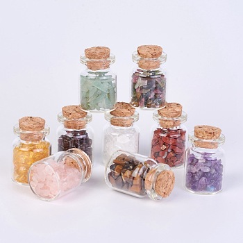 Glass Wishing Bottle, For Pendant Decoration, with Gemstone Chip Beads Inside and Cork Stopper, 33mm, about 9pcs/box