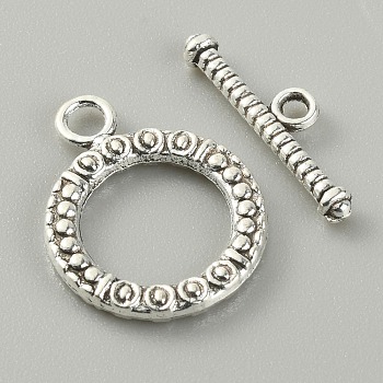 Tibetan Style Alloy Toggle Clasps, Textured Ring, Antique Silver, Round: 21x16x2mm, Inner Diameter: 11mm, T-bar: 20x5.5x2.5mm, Hole: 1.6mm, 2pcs/set