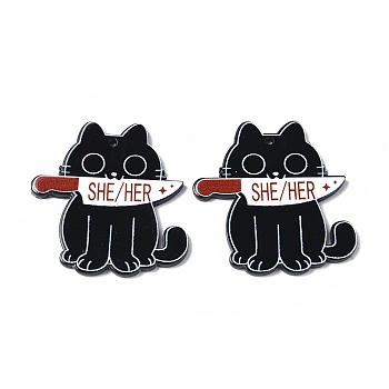 Pride She/Her Acrylic Pendants, Cat with Knife Charms, Black, 41.5x40.5x2mm, Hole: 1.5mm