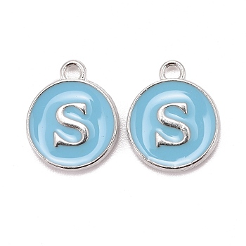 Platinum Plated Alloy Enamel Charms, Cadmium Free & Lead Free, Enamelled Sequins, Flat Round with Letter, Letter.S, 14x12x2mm, Hole: 1.5mm