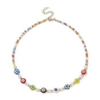 Natural Pearl & Millefiori Glass Flower & Seed Beaded Necklace for Women, Colorful, 14.49 inch(36.8cm)