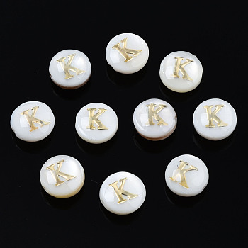 Natural Freshwater Shell Beads, with Golden Plated Brass Etched Metal Embellishments, Flat Round with Letter, Seashell Color, Letter.K, 6x4mm, Hole: 0.8mm