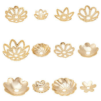 72Pcs 12 Style Brass Bead Caps, Long-Lasting Plated, Flower, Real 24K Gold Plated, 6~10x5.5~10x1~3.5mm, Hole: 0.7~1.8mm, 6pcs/style